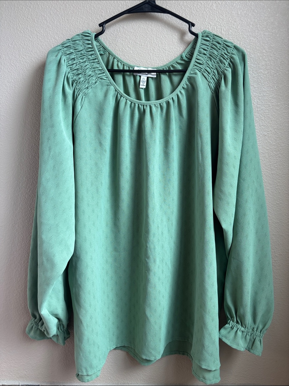 Jessica Simpson Sage Green Smocked Shoulder Blouse Long Sleeve XL